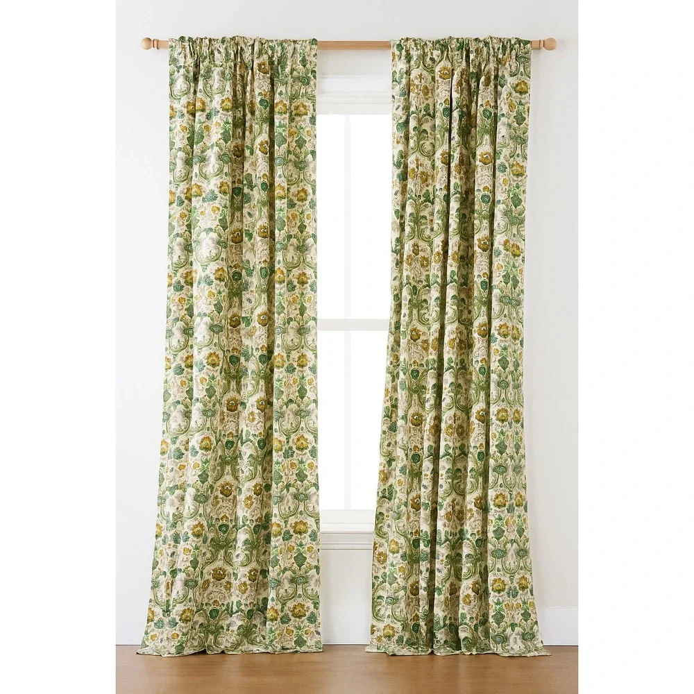 Vtg 60s Floral Damask Tapestry Curtain Set of 2 Baroque Pattern Ornat PinchPleat